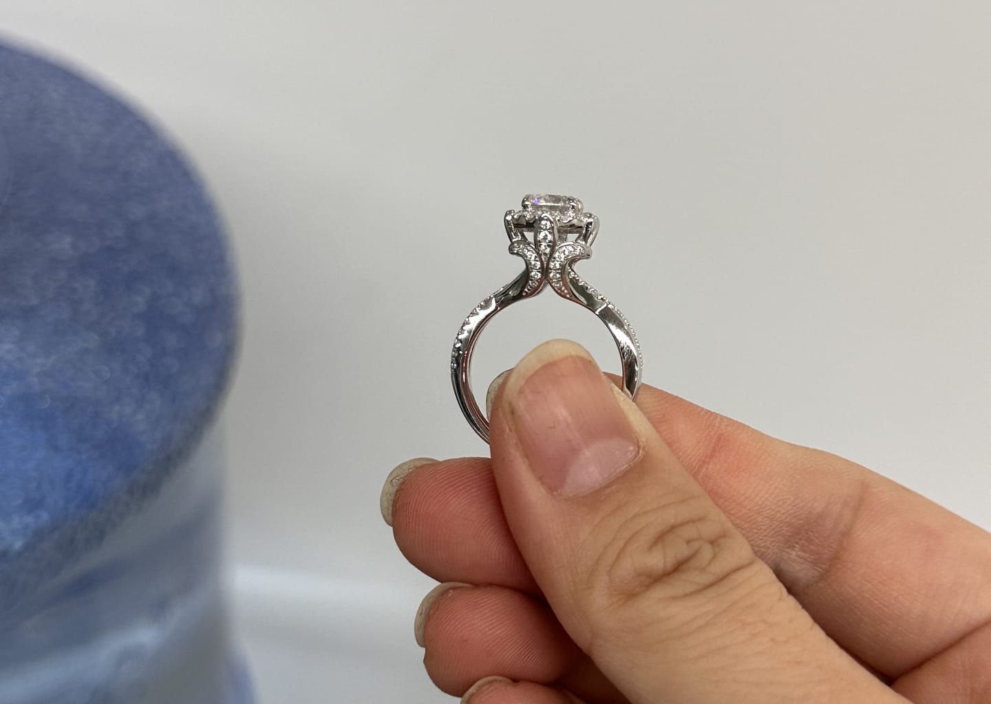 Customer photo review of S925 Moissanite 1.0 Carat Halo Round Cut Vintage Twist Engagement Ring