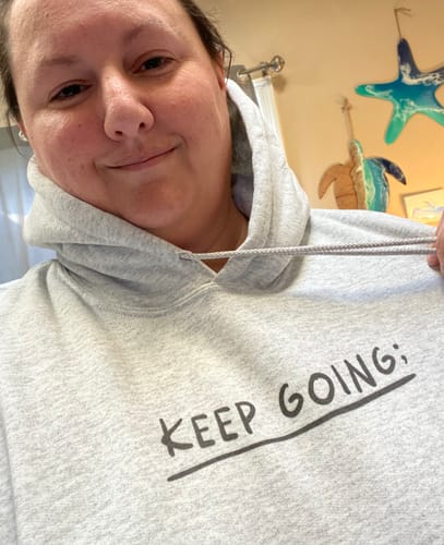 Customer photo review of Keep Going; 100 Reasons To Stay Alive (includes a back-print & sleeve-print!) - Hoodie
