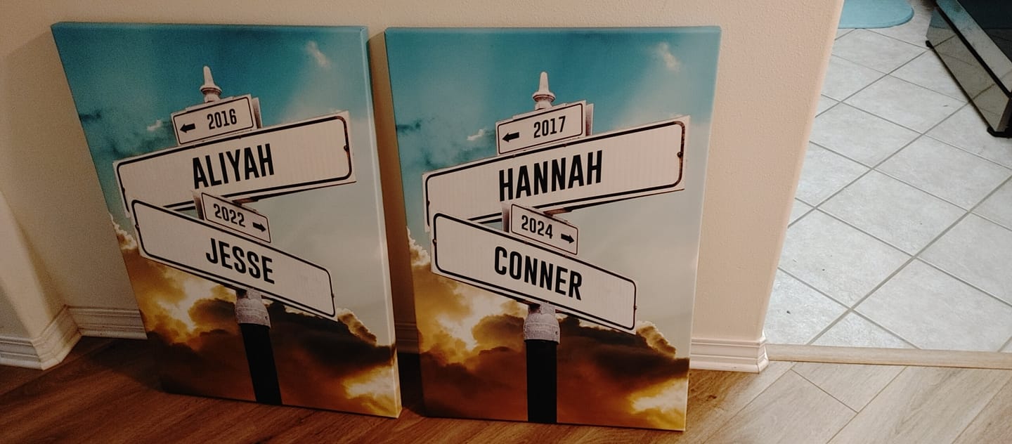 Customer photo review of Custom Kid Birth Date + Name Personalized Street Sign Canvas Wall Art