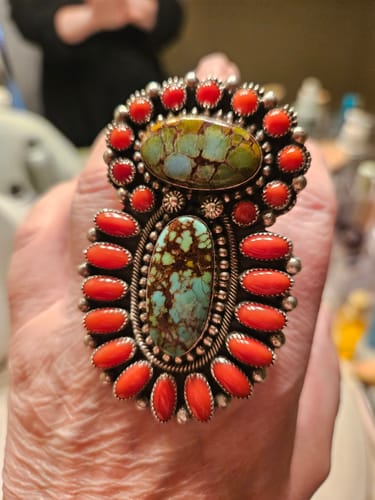 Customer photo review of Navajo Kingman Turquoise, Coral & Sterling Silver Adjustable Ring by Hemerson Brown
