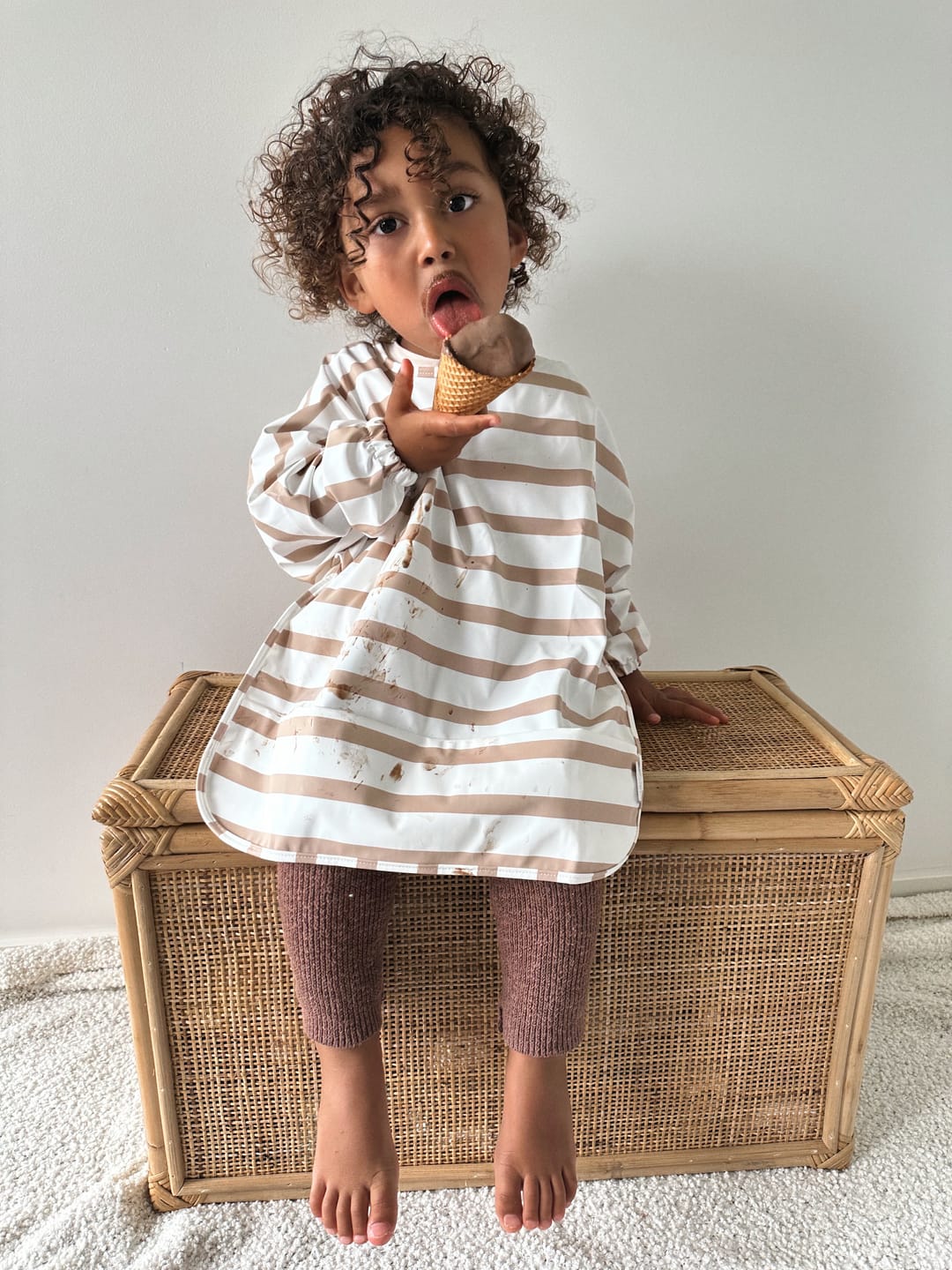 Customer photo review of Mess-Free Smock Bib | Brown Stripe