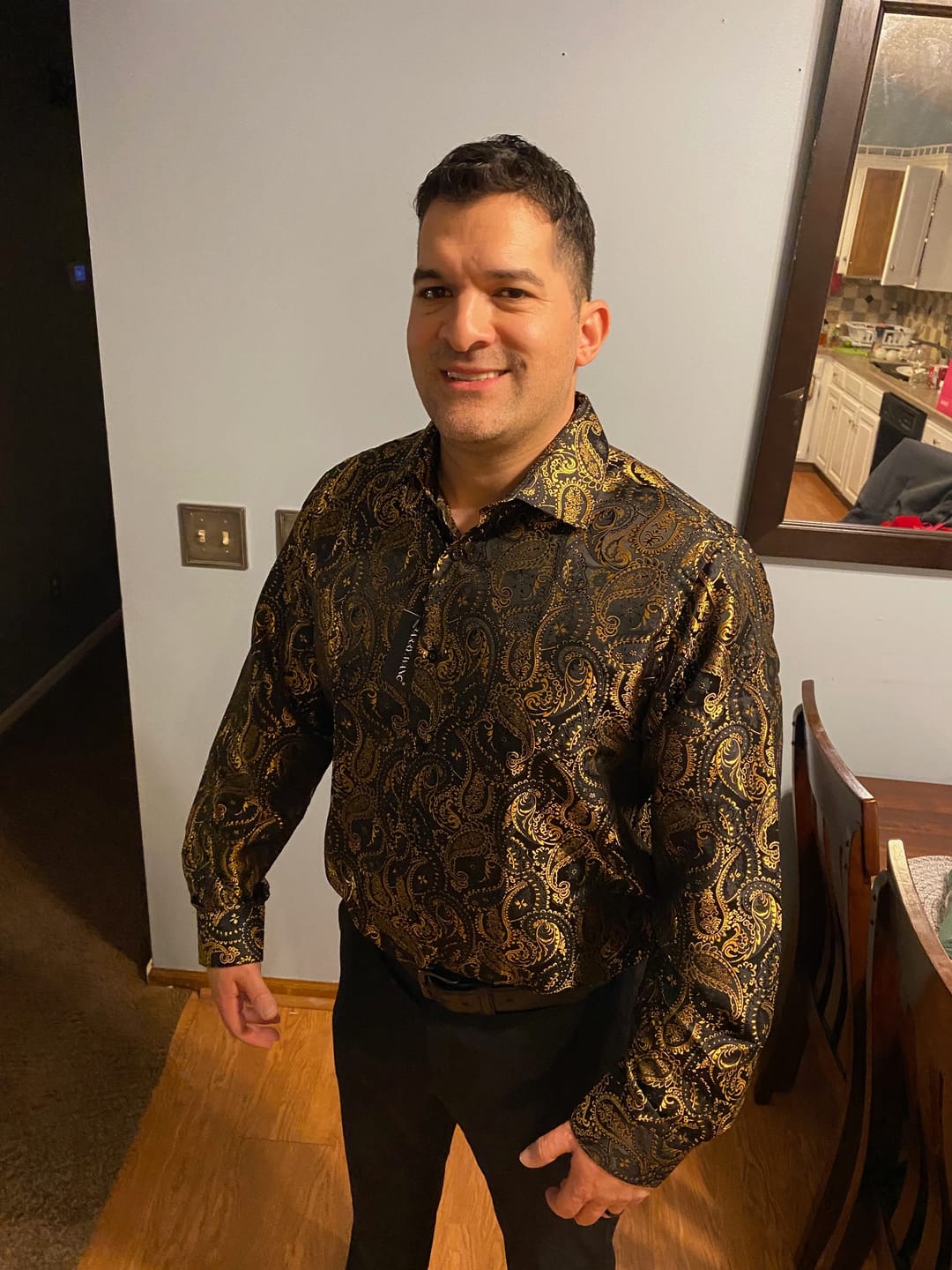 Customer photo review of Barry.wang Gold Paisley Silk Men's Shirt