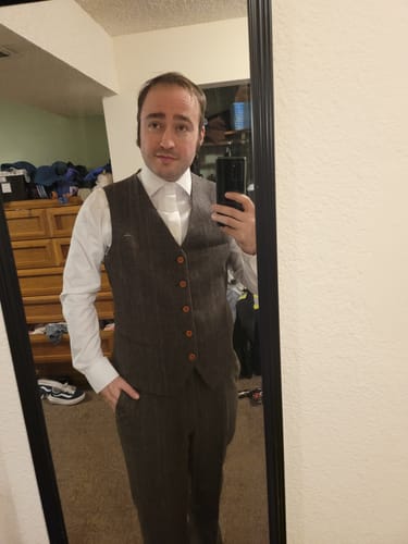 Customer photo review of Moss Herringbone Tweed 3 Piece Suit