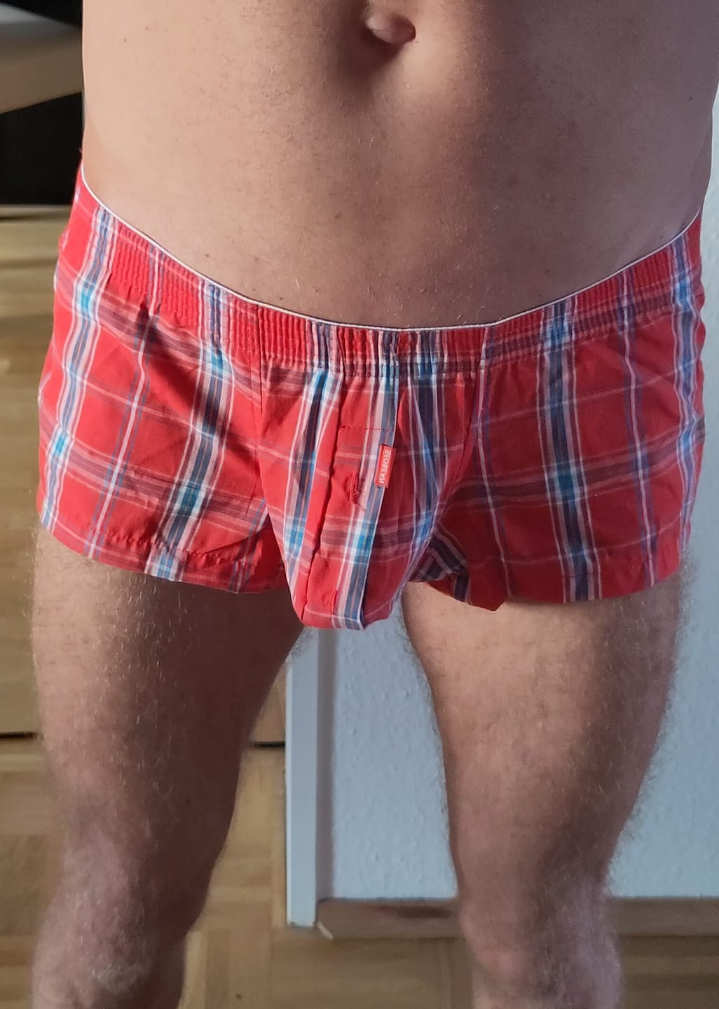 Customer photo review of Men's Classic Plaid Cotton Trunks With Button Fly