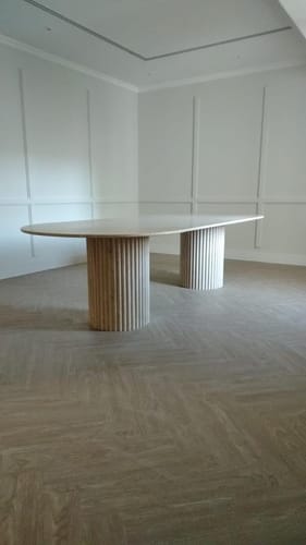 Customer photo review of Valeria Travertine Oval Top Dining Table (2 Size)
