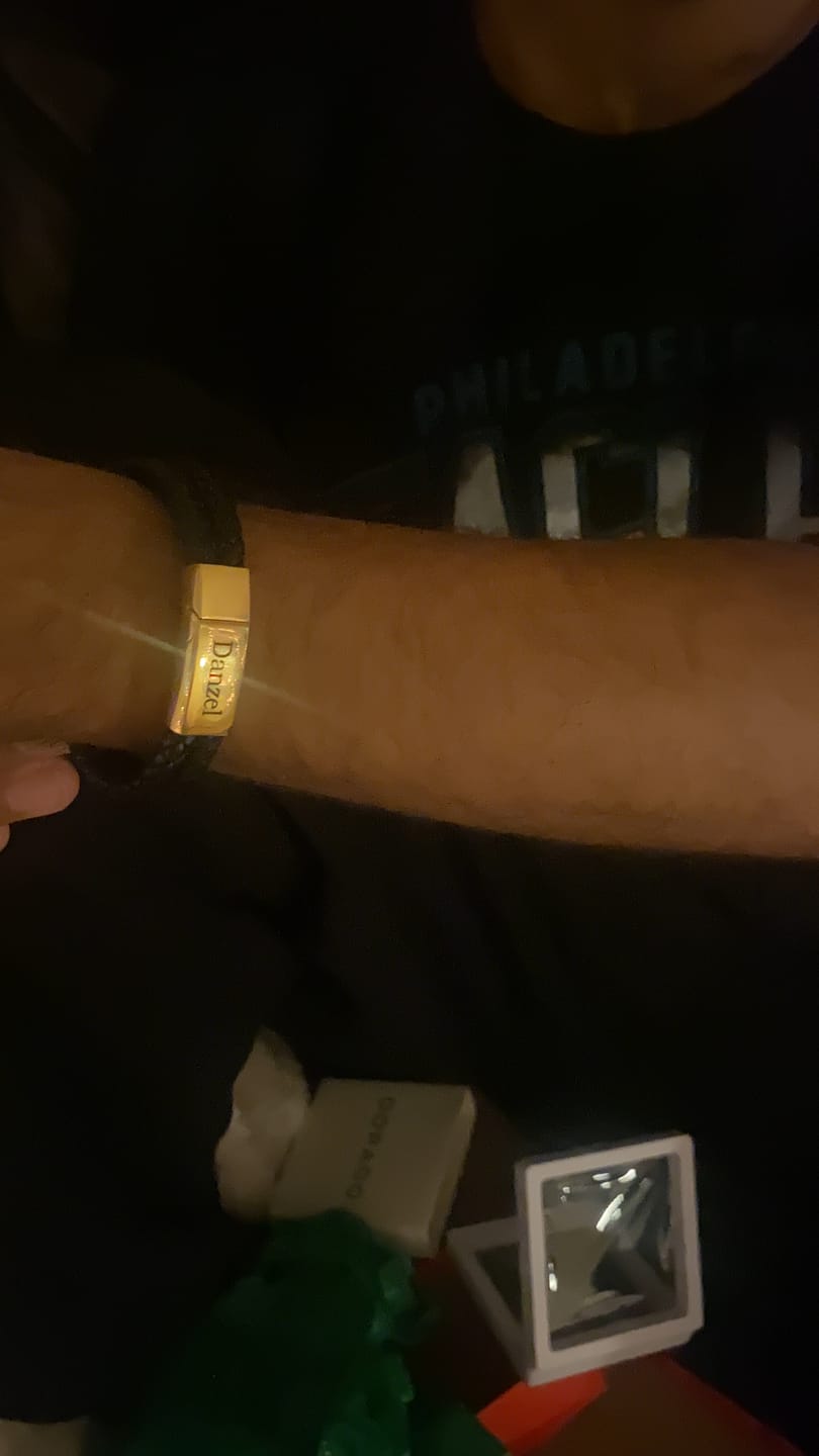 Customer photo review of Engraved Leather Bracelet