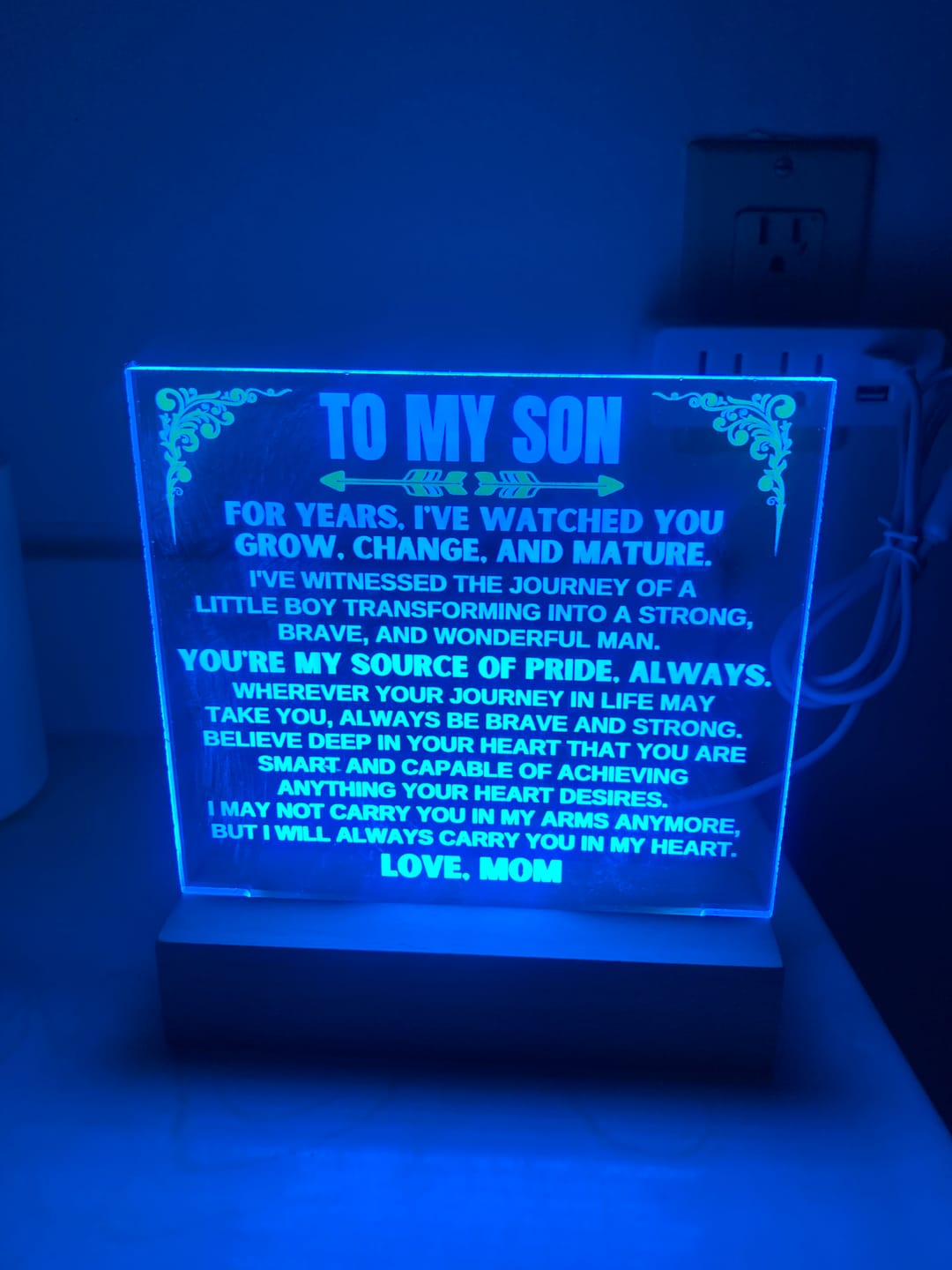 Customer photo review of Unique Gift for Son from Mom - Acrylic Plaque with LED-Lit Wooden Base - AC32W