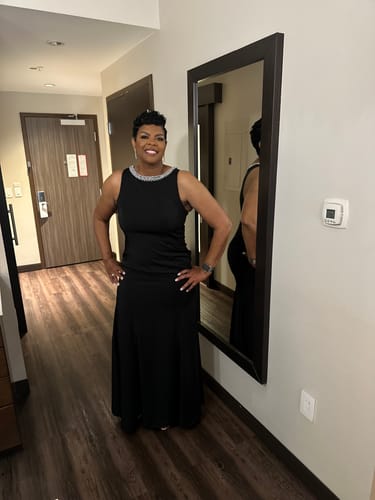 Customer photo review of Embellished Neck Trumpet Gown