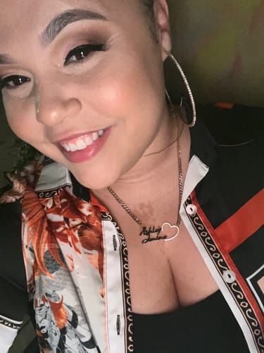 Customer photo review of Iced Out Heart Couple Nameplate Necklace