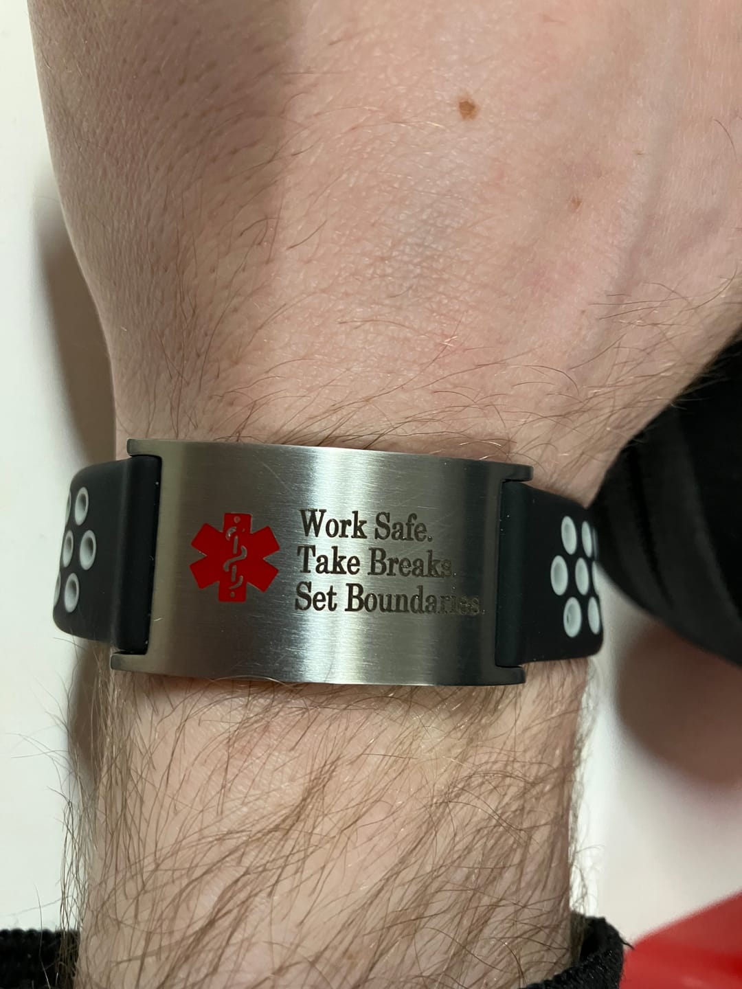 Customer photo review of Ultra Silicone Medical ID Bracelet in Black & Grey