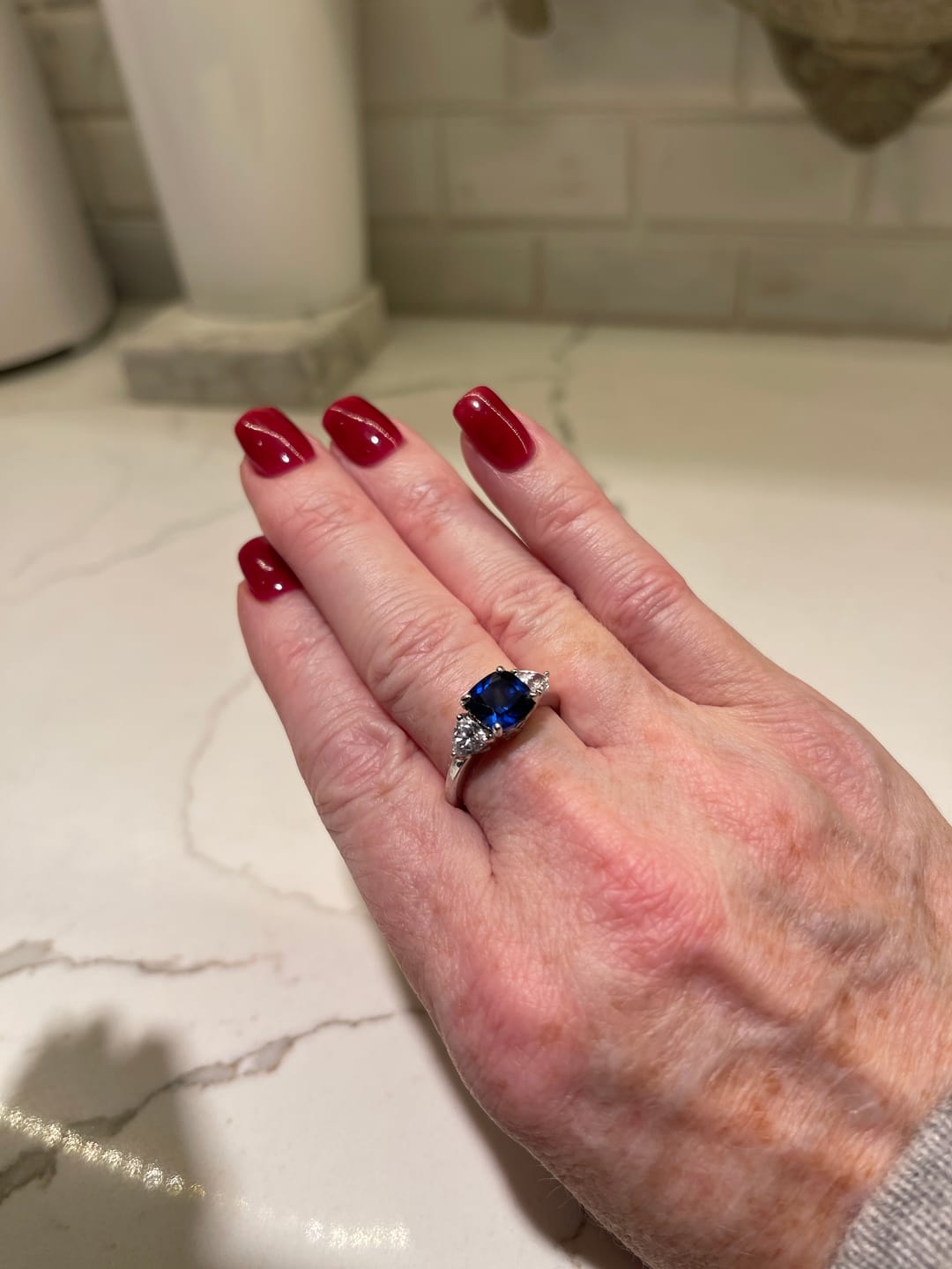 Customer photo review of 3-Stone 3ct Simulated Blue Sapphire CZ Ring in Sterling Silver