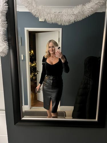 Customer photo review of Faith Black Faux Leather Midi Skirt