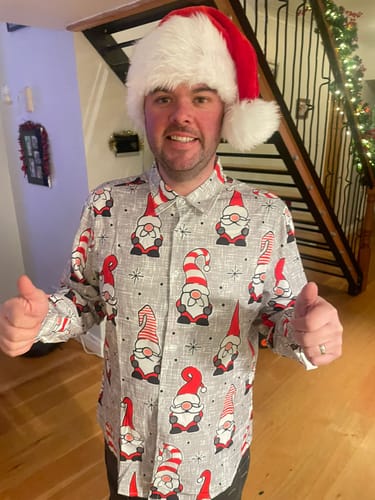 Customer photo review of Men's Christmas Holiday Cute Gnome Print Funny Button Up Long Sleeve Shirt