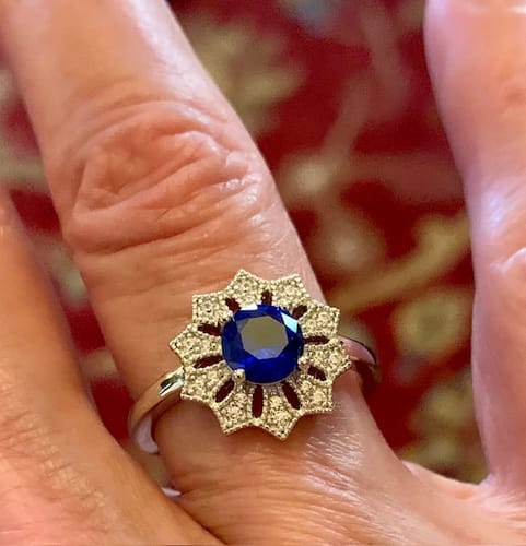 Customer photo review of Flower Halo Blue CZ Ring in Sterling Silver