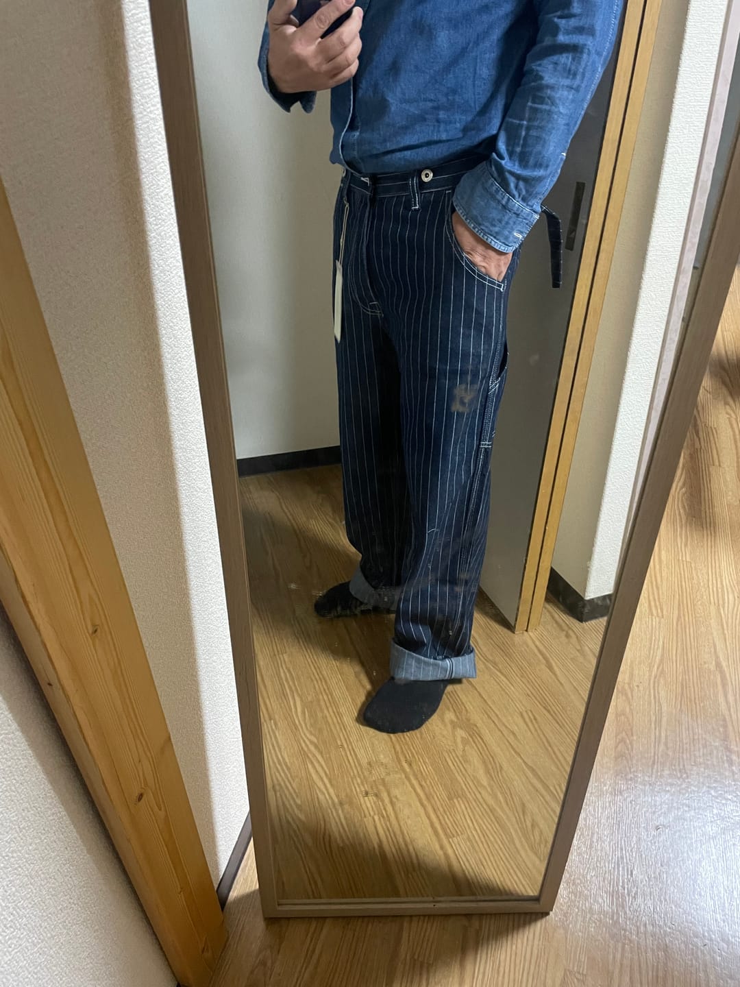 Customer photo review of サスペンダー付きストライプワークパンツ