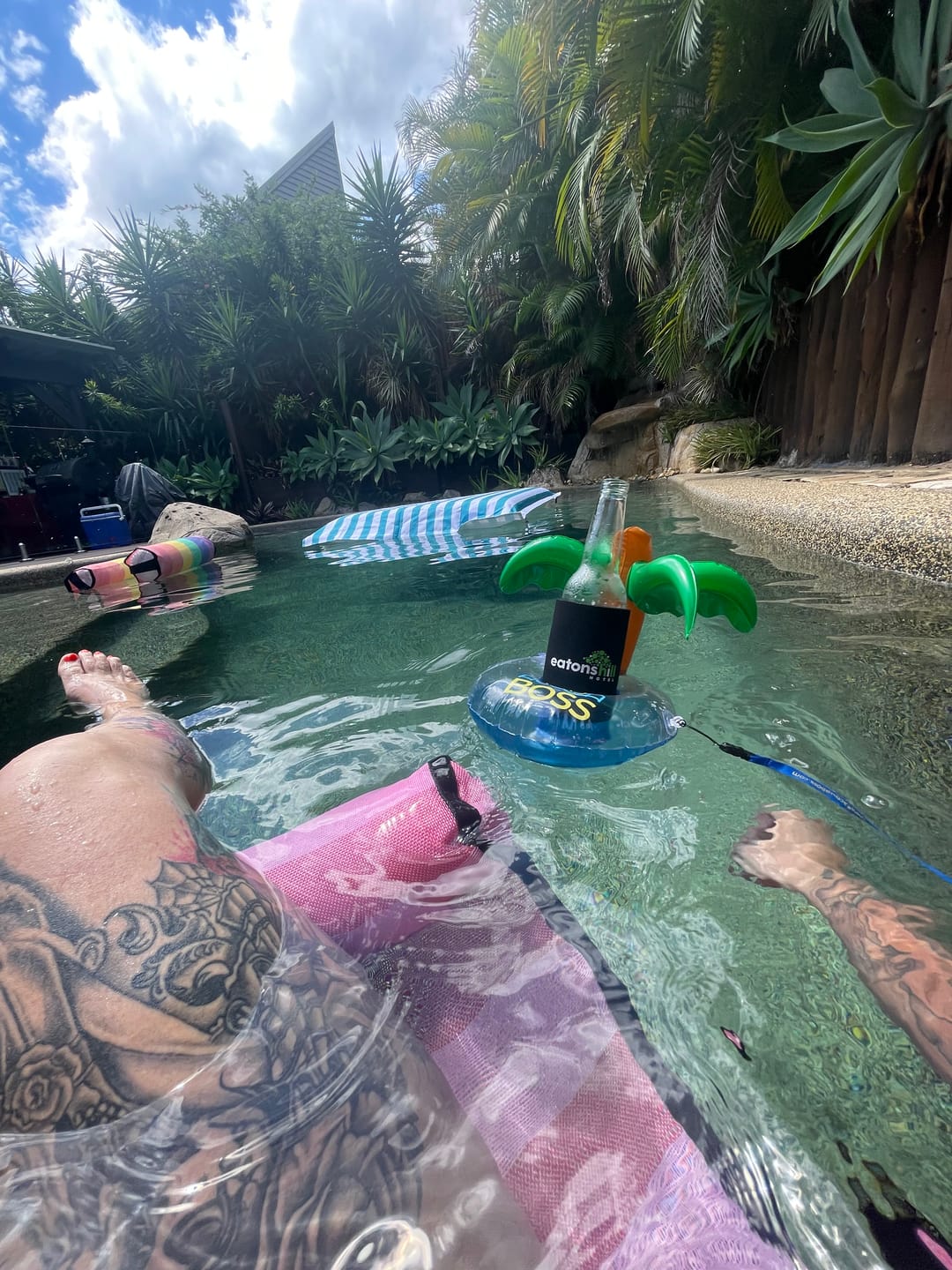 Customer photo review of Green with Envy - with attachable waterproof phone sleeve and inflatable drink holder.