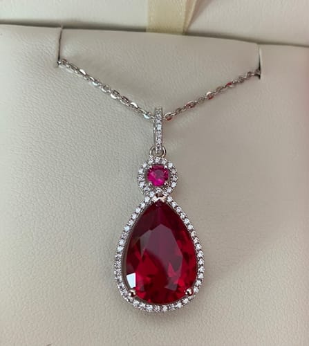 Customer photo review of Halo Simulated Ruby Pear CZ Necklace in Sterling Silver