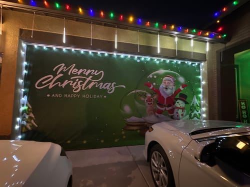 Customer photo review of Merry Christmas With Santa Claus Snowman And Reindeer Standing In Crystal Glass Ball Garage Door Wrap Cover Mural Decoration