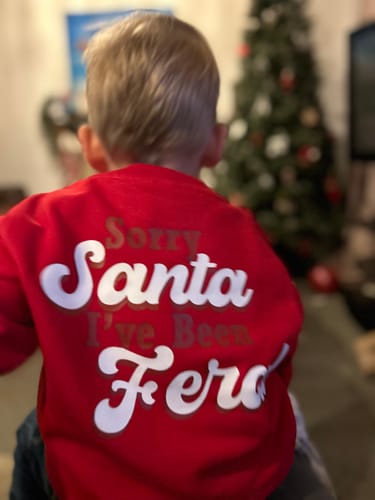 Customer photo review of Sorry Santa, I've Been Feral Sweatshirts
