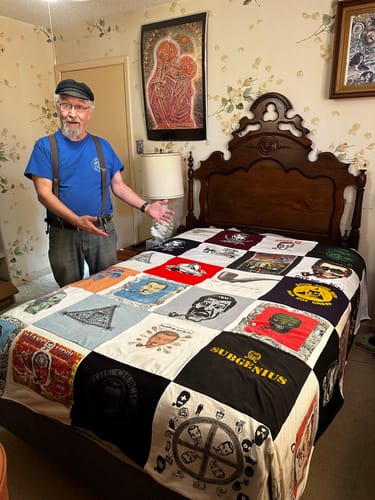 T-shirt quilt with alternative culture, art themes by Douglass from TX