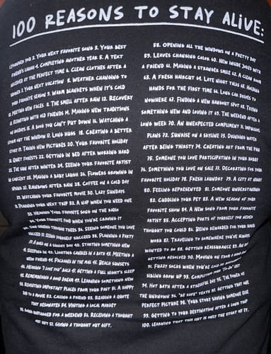 Customer photo review of Keep Going; 100 Reasons To Stay Alive (includes a back-print & sleeve-print!) - Hoodie