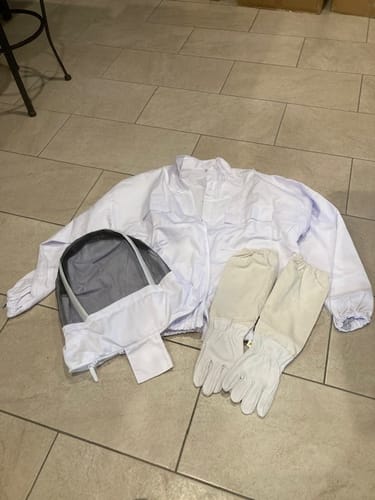 Customer photo review of Beekeeping Jacket with Fencing Veil Hood Bee Jacket Clear View Fencing Veil Ultra Light Weight and Maximum Protection for Professional and Beginner Beekeepers (XL)