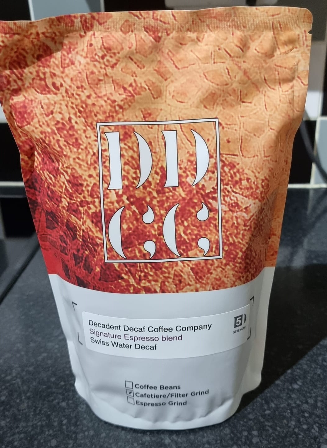 Customer photo review of Decaffeinated Espresso Coffee Blend - Swiss Water Decaf Process - Strength 5 - Decadent Decaf