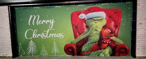 Customer photo review of The Grinch Merry Christmas Garage Door Cover Banner Backdrop