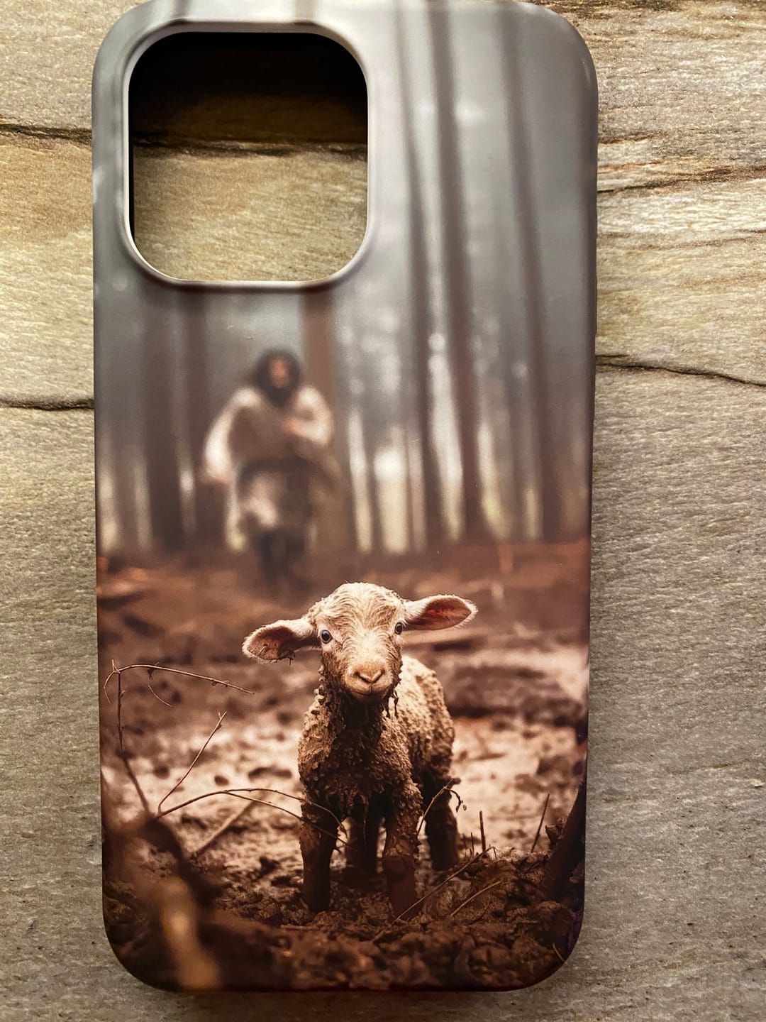 Customer photo review of Jesus With The Sheep, Jesus Running After Lamb, Phone Case