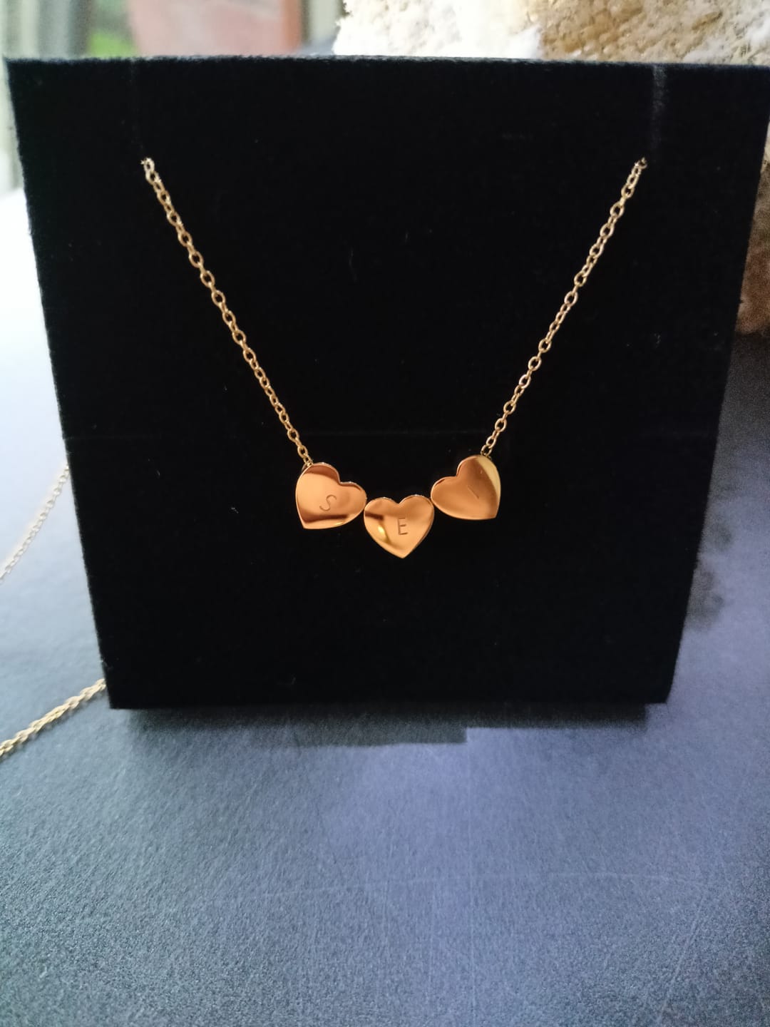 Customer photo review of Amo Heart Triple Bead Necklace in Gold