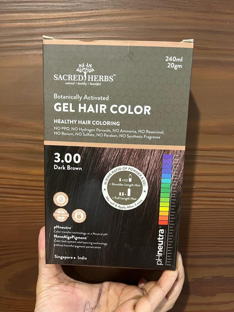 Customer photo review of Dark Brown 3.00 SacredHerbs Botanically Activated Gel Hair Color
