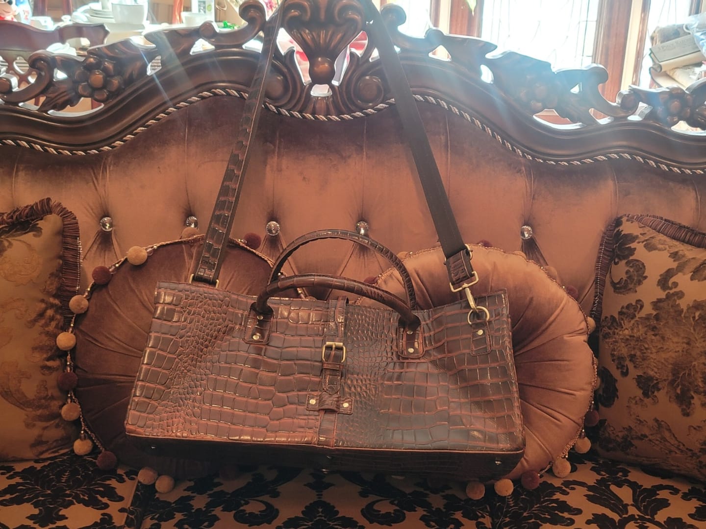 Customer photo review of LuxeHide Brown Croco Pattern Duffle