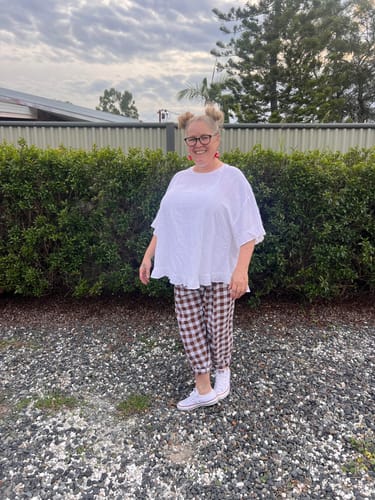 Customer photo review of Dream Pant in Cotton Gingham Chocolate