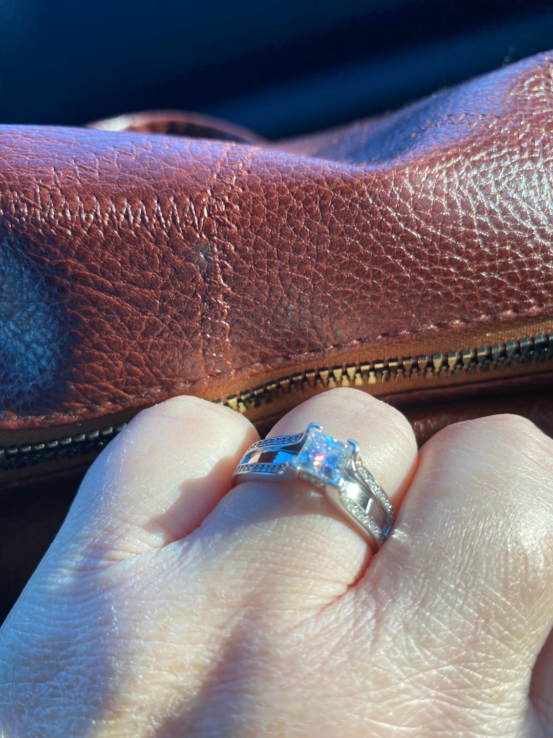 Customer photo review of Princess Cut Moissanite Triple Row Pave Engagement Ring