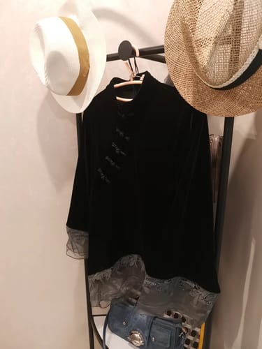 Customer photo review of Vintage Black Stand Collar Asymmetrical Patchwork Velour Shirt Fall