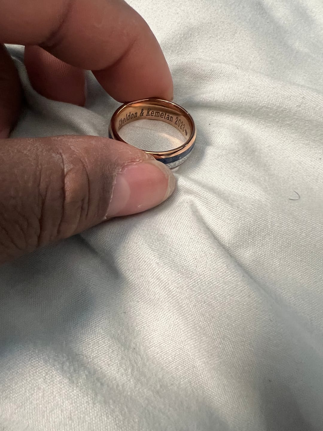 Customer photo review of 8mm- ROSE GOLD TUNGSTEN ARROW RING W/ BLUE LAPIS LAZULI, FAUX METEORITE,