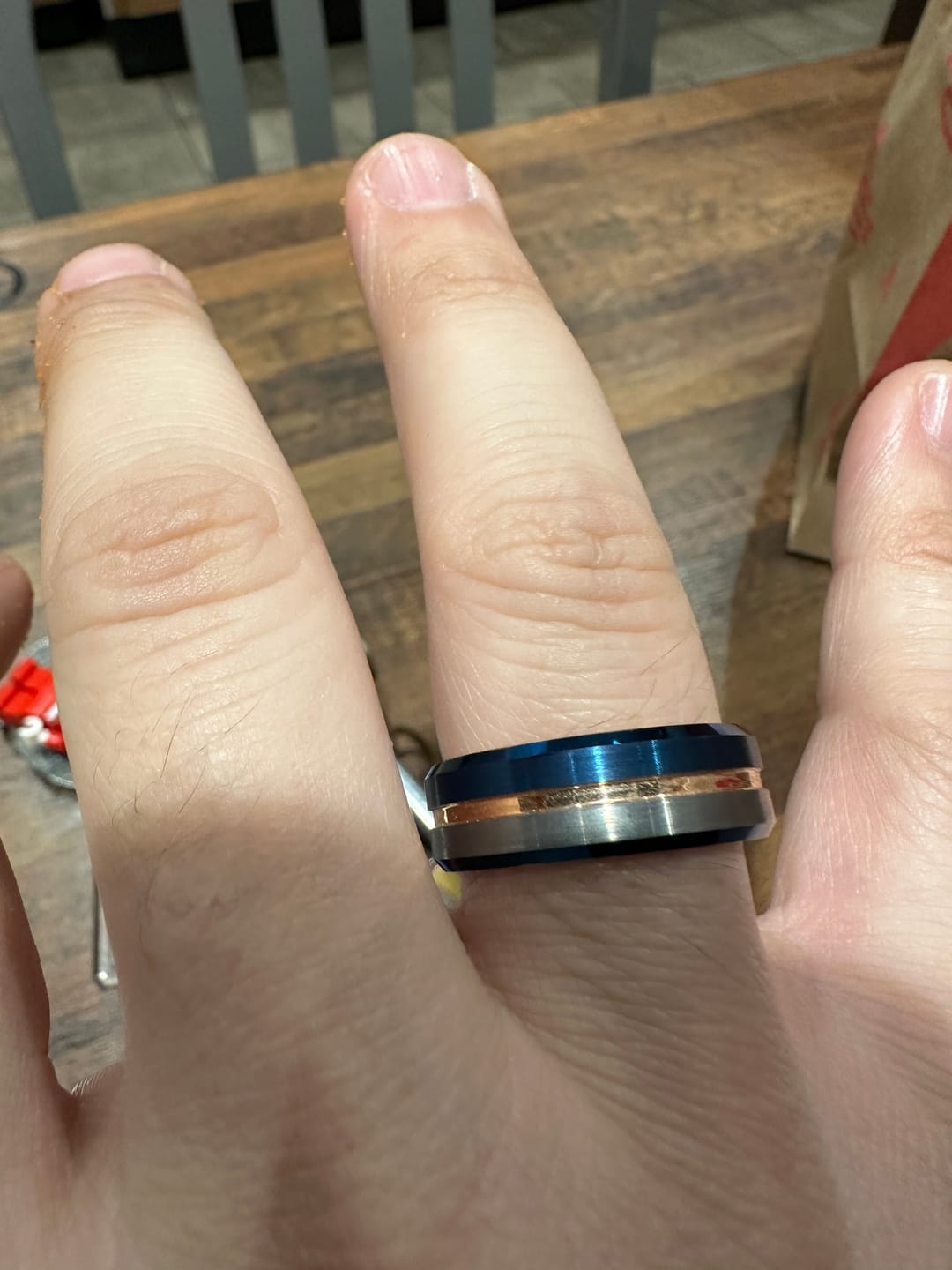Customer photo review of 8mm - Rose Gold & Blue half brushed center Brush Matte Finish Tungsten Ring Beveled Edge