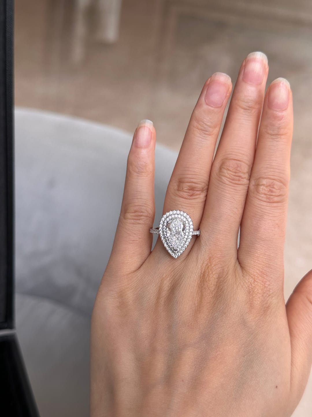 Customer photo review of Louily Double Halo Pear Cut Engagement Ring In Sterling Silver
