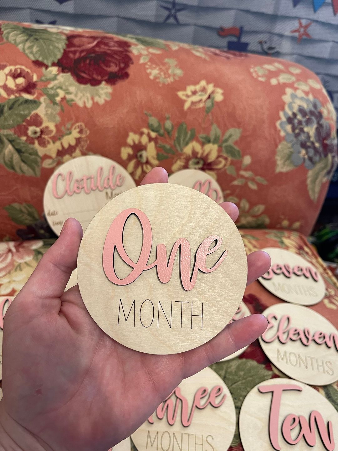 Customer photo review of Wooden Monthly Baby Milestones