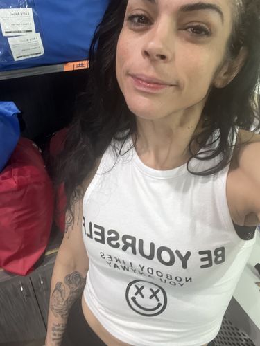 Customer photo review of Salty Savage Ladies "Be Yourself" High Neck Sleeveless Crop Tank | White/Black