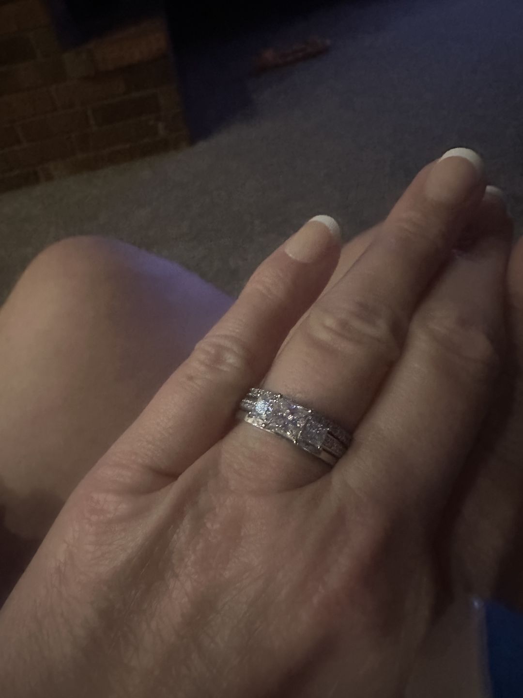 Customer photo review of Three Stone Princess Cut Moissanite Pavé Set Engagement Ring
