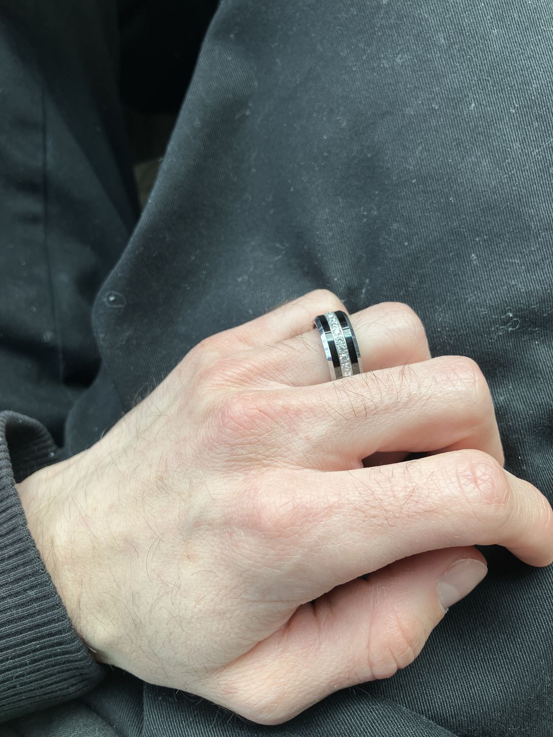Customer photo review of 8MM - TUNGSTEN WEDDING BAND Polished Edges CUBIC ZIRCON BEVELED EDGE