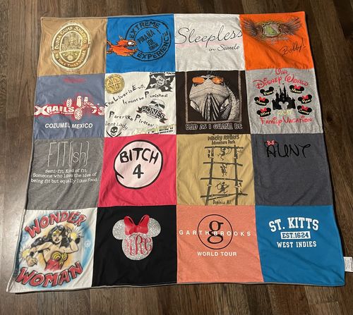 T-shirt quilt with travel, disney themes by Mindy from NC