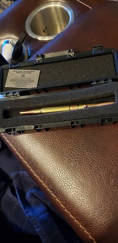 Customer photo review of .308 Real Bullet Authentic Brass Casing Refillable Twist Pen - Tactical Gift Box - Polished Brass