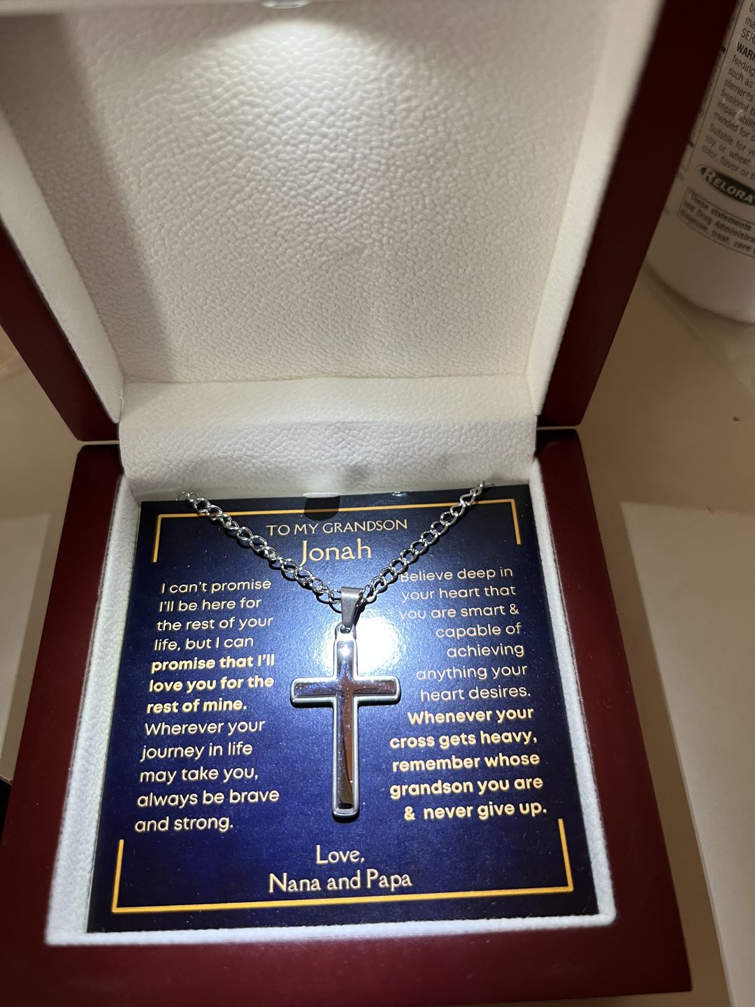 Customer photo review of Grandson, Never Give Up - Cross Necklace - Personalized Message Card (GS21-P)