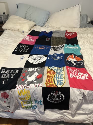 T-shirt quilt with cooking, sports themes by Taylor from FL