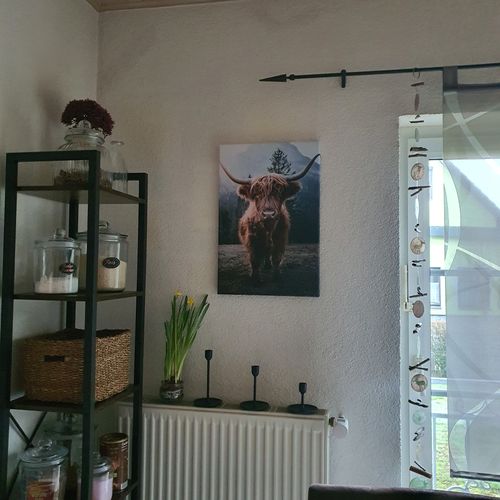 Customer photo review of Leinwandbild Hochlandrind in den Bergen Hochformat