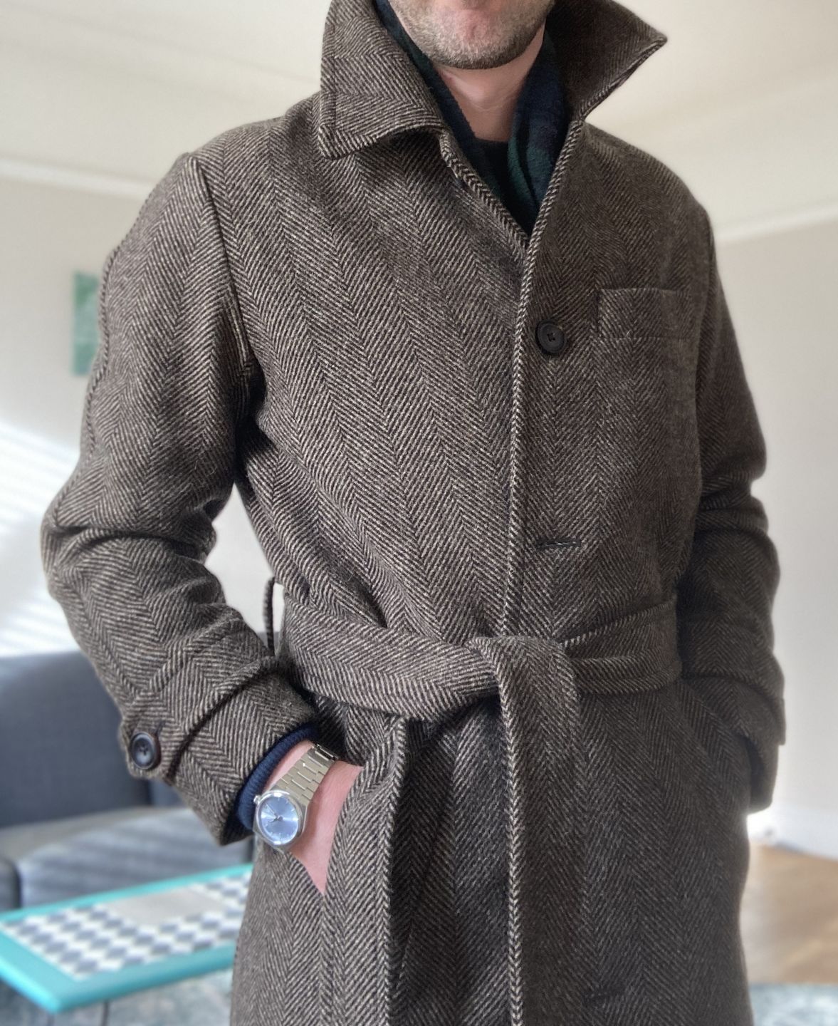 Customer photo review of 1920s Brown Herringbone Tweed Balmacaan Coat