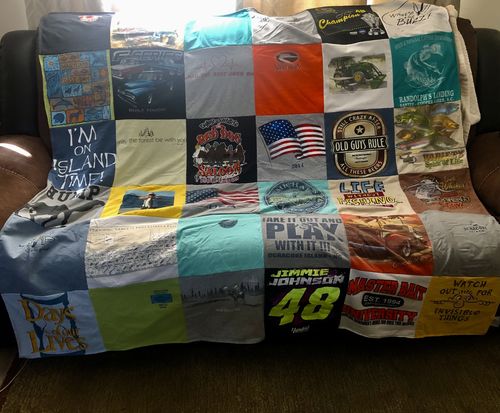 T-shirt quilt with racing, travel themes by Lori from MD