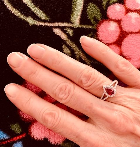 Customer photo review of Halo Red Pear CZ Split Shank Ring in Sterling Silver